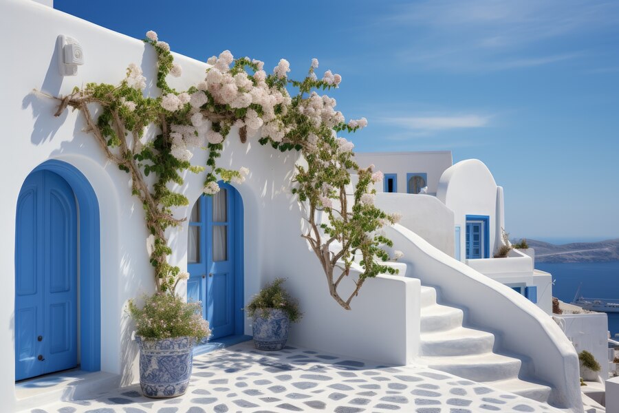 a white building with blue doors and white stairs with Santorini in the background